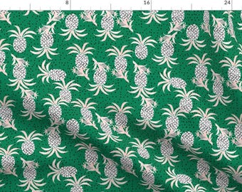 Pineapple Fabric - Tropicana Pineapple (Emerald) By Nouveau Bohemian - Pineapple Green Black Dots Cotton Fabric By The Yard With Spoonflower