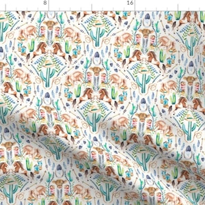 Watercolor Cowboy Fabric - Cowboy Cactus Damask By Gingerlique - Small Scale Wild West Equestrian Cotton Fabric By The Yard With Spoonflower