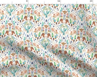 Watercolor Cowboy Fabric - Cowboy Cactus Damask By Gingerlique - Small Scale Wild West Equestrian Cotton Fabric By The Yard With Spoonflower