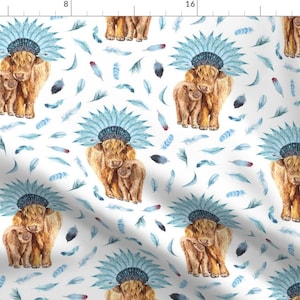 Boy Cattle Fabric - Highland Cattle With Blue Feather Crown And Feathers Background By Karolina Papiez - Boy Cattle Fabric With Spoonflower