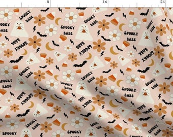 Halloween Fabric - Spooky Babe by smilingsunstudio -  Ghosts Bats Cute Spooky Season Boho Daisy Moon Pink Fabric by the Yard by Spoonflower