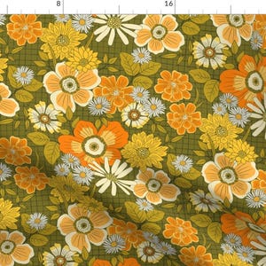 1970s Retro Fabric - Seventie Floral by jacquelinehurd - Avocado Green Yellow Hippie Groovy Daisies Boho Fabric by the Yard by Spoonflower