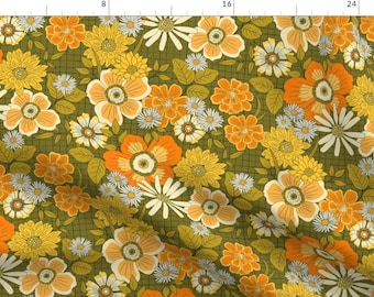 1970s Retro Fabric - Seventie Floral by jacquelinehurd - Avocado Green Yellow Hippie Groovy Daisies Boho Fabric by the Yard by Spoonflower