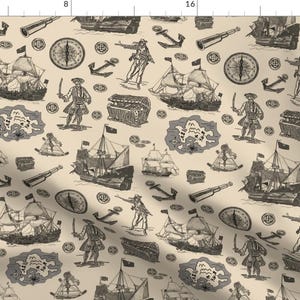 Leroyj Pirates Nautical Ocean Treasures Beige Fabric - Khaki Pirates 10x10 By Leroyj - Leroyj Cotton Fabric By The Yard With Spoonflower
