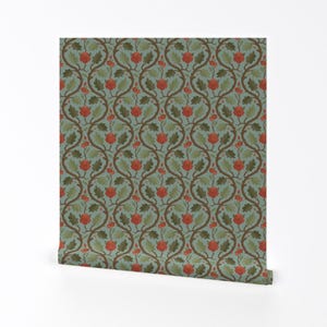 May include: Wallpaper roll with a repeating pattern of red roses, green leaves, and brown vines on a muted teal background. The design has a vintage, botanical aesthetic, suitable for home decor projects.