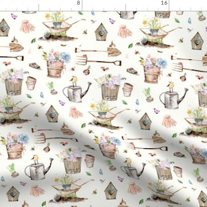 Spring Gardening Fabric - Spring Gardening By Hipkiddesigns - Cute Watercolor Farming Gardening Cotton Fabric By The Yard With Spoonflower