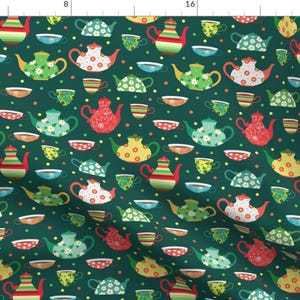 Vinage Tea Pots Fabric - Tea Time By Juliabadeeva - Green Colorful Tea Party English Breakfast Cotton Fabric By The Yard With Spoonflower