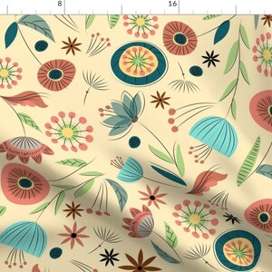 Floral Fabric - 1950&#39;S Floral - Soft Cream By Sarah Treu - Fifties Retro Botanical Garden Vintage Cotton Fabric By The Yard With Spoonflower