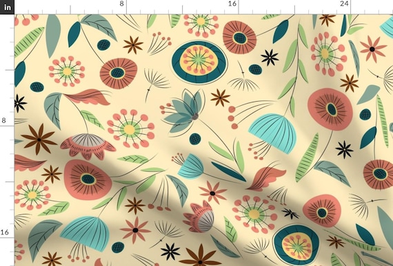 Floral Fabric - 1950'S Floral - Soft Cream By Sarah Treu - Fifties Retro Botanical Garden Vintage Cotton Fabric By The Yard With Spoonflower