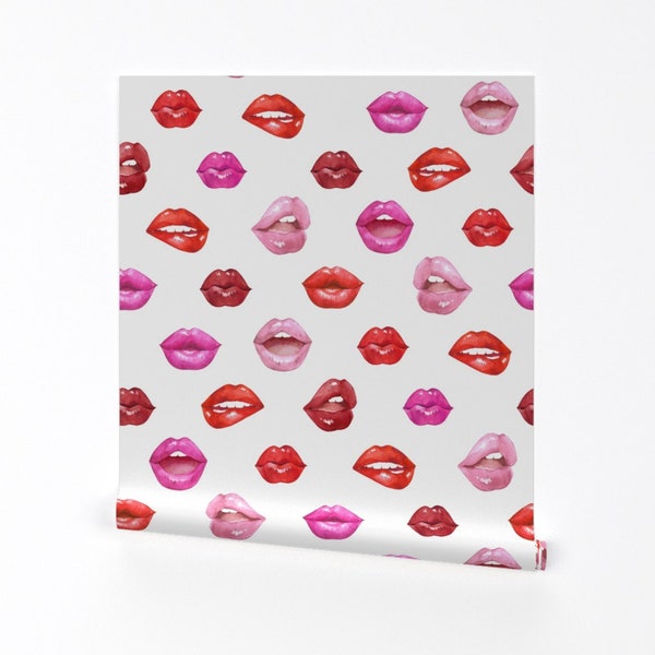 Red And Pink Lips Wallpaper - Kiss Kiss by shelley_ismay_design - Hot Pink Kitsch Kisses  Removable Peel and Stick Wallpaper by Spoonflower