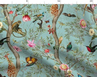 May include: A teal blue background with a repeating pattern of tropical flowers, birds, and monkeys. The pattern includes pink, red, yellow, and green flowers, as well as blue, green, and red birds. The monkeys are brown and black.