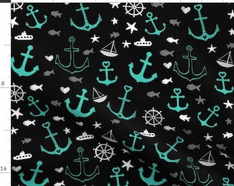 Whimsical Nautical Fabric - Black And Aqua Multi Anchors By Dreammachineprints - Nautical Nursery Cotton Fabric By The Yard With Spoonflower