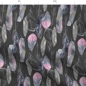 Boho Fabric - Boho Feathers Dark Gray By Katebillingsley - Bohemian Watercolor Feathers Pink Gray Cotton Fabric By The Yard With Spoonflower