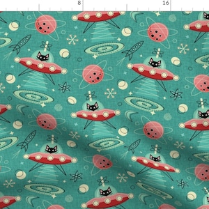 Retro Fabric - My Kitty Drives A Ufo  by studioxtine -  Cat Spaceship Cats Black Cat Outer Space Ufo Moon Fabric by the Yard by Spoonflower