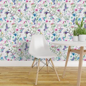 Kolibriebehang - Schilderachtige bestuivers van Gingerlique - Op maat bedrukt, verwijderbaar behang op rol met aquarelprint van Spoonflower