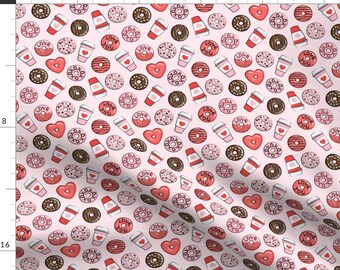 Donuts And Coffee Love Pink Fabric - (Small Scale) Donuts And Coffee - Valentines Day - Red, Pink, Chocolate On Pink By Littlearrowdesign
