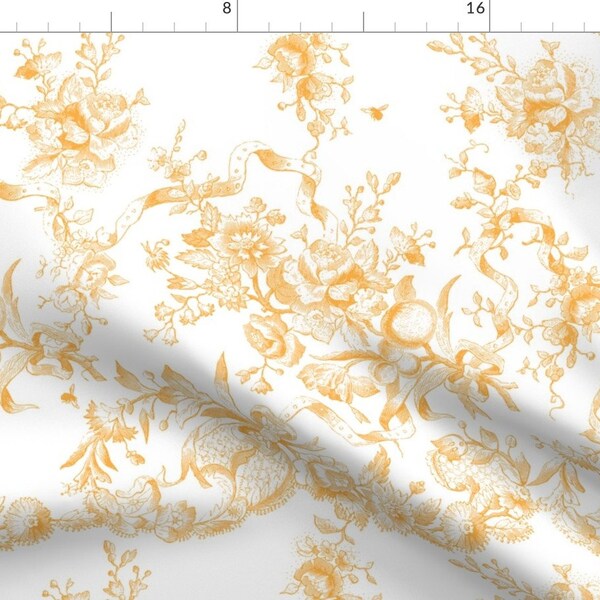 Toile Yellow Vintage Fabric - Bronwyn Toile Citrus By Lilyoake - Toile Vintage Floral Yellow Cotton Fabric By The Yard With Spoonflower