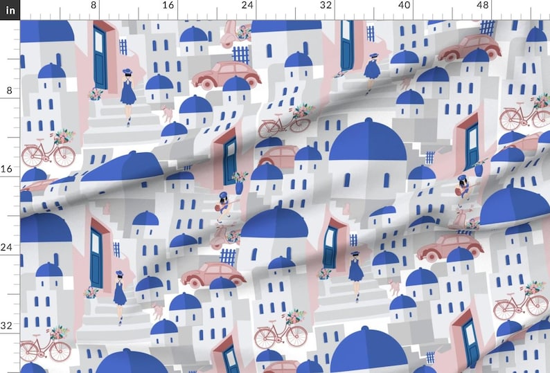 Travel Fabric - Santorini Scene by pallavi_chaudhary - Vacation Mediterranean Greece Holiday Houses Blue Fabric by the Yard by Spoonflower image 2