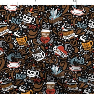 Tattoo Fabric - Brewed And Tattooed By Cynthiafrenette - Tattoo Coffee Bean Mug Skull Black Brown Cotton Fabric By The Yard With Spoonflower