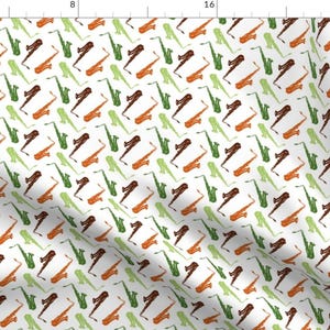 Saxophone Fabric - Saxophones By Marchingbandstuff - Saxophone Musical Instruments Green Orange Cotton Fabric By The Yard With Spoonflower