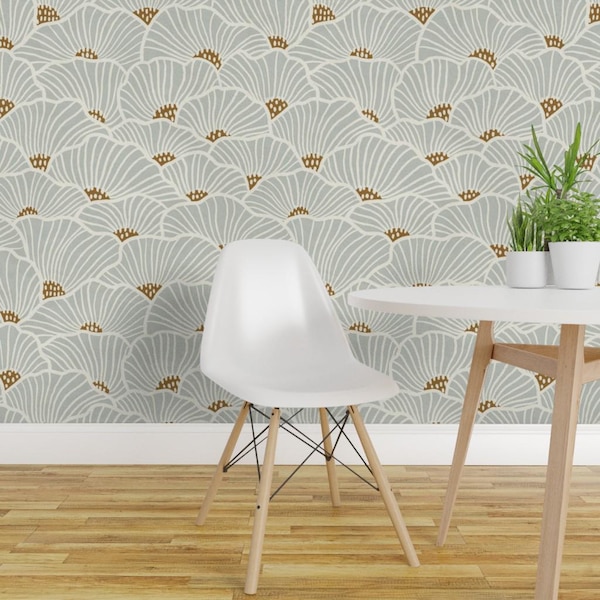 Neutral Flowers Peel and Stick Wallpaper - Modern Geometric Soft Lines Coastal - Removable Wall Decor Art - San Diego Blue by amy_maccready