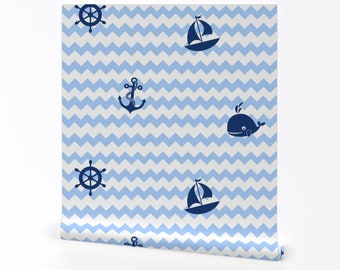 Papier peint Nautical Chevron - Nautical Baby Blue par decamp_studios - Papier peint autocollant amovible Sailboat Anchor par Spoonflower