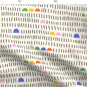 May include: A seamless pattern featuring a white background with black vertical lines and colourful semi-circles in yellow, orange, pink, green, and blue.