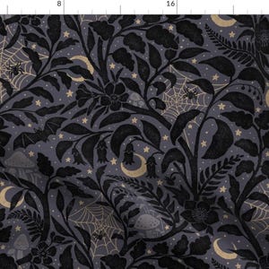 Halloween Garden Apparel Fabric - Mystery Garden by byre_wilde - Night Sky Black Purple Spooky Gothic Bat Clothing Fabric by Spoonflower