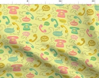 Hello Telephones Fabric - Telephones- Yellow By Mintgreensewingmachine- Retro Phone Speech Bubble Cotton Fabric By The Yard With Spoonflower