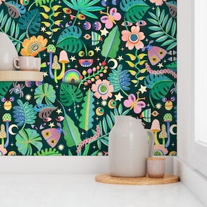 Whimsical Peel and Stick Wallpaper - Illustrative Floral Trippy Psychedelic - Removable Wall Decor Art - Monsteras And Monsters by rebelform image 7
