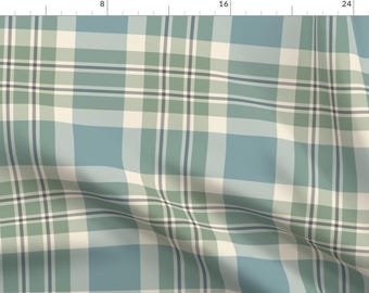 Blue Green Fabric - Large Scale Plaid  by northern_whimsy - Cream Plaid Large Scale Traditional Stripes Fabric by the Yard by Spoonflower