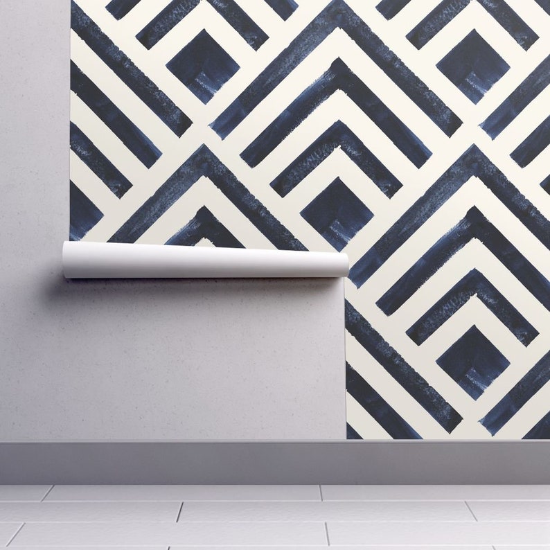 Feathered Diamond By Crystal Walen Indigo White Custom Printed Removable Self Adhesive Wallpaper Roll by Spoonflower Deco Wallpaper