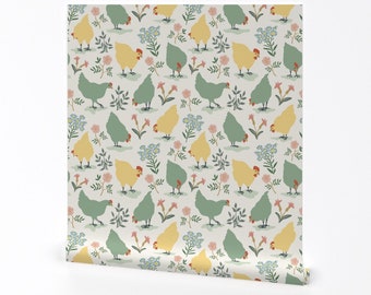 Papier peint poules printanières - poules campagnardes par thatpolymath_shellym - papier peint autocollant amovible poules jaunes-vertes oiseaux par Spoonflower