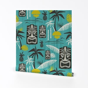 Tiki Wallpaper - Island Tiki - Aqua Jumbo Scale By Heatherdutton - Tiki Custom Printed Removable Self Adhesive Wallpaper Roll by Spoonflower