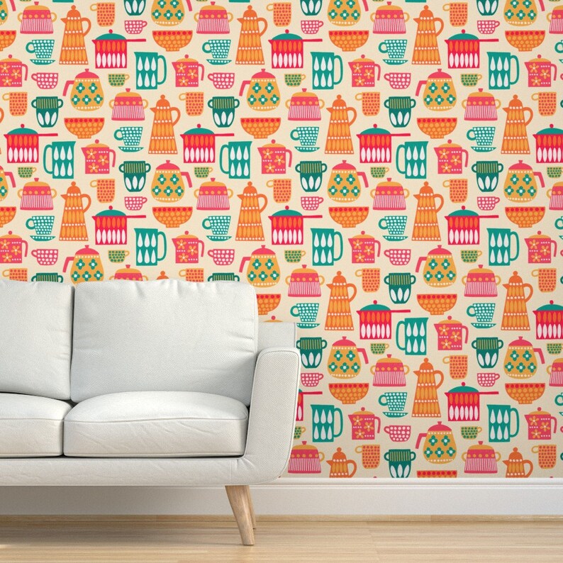 Vintage Kettles Wallpaper Retro Kitchen Pots by Aaron_gallen Etsy