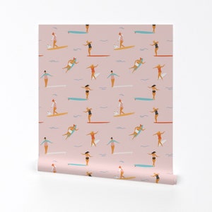 Surfing Wallpaper - Soul Surfers Pink By Tasiania - Pink Blue Surfing Custom Printed Removable Self Adhesive Wallpaper Roll by Spoonflower