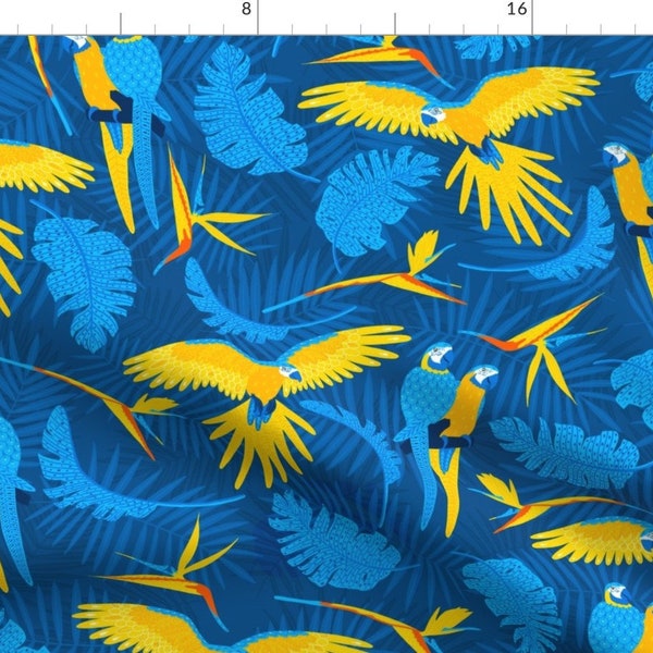 Macaw Fabric - Yellow-breasted Macaw by sanne_paul - Blue Yellow Parrot Palms Jungle Rainforest Birds  Fabric by the Yard by Spoonflower