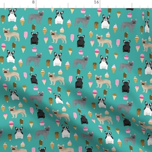 Frenchie Fabric - French Bulldog Ice Cream Summer Dog Breed Fabric Teal By Petfriendly - Frenchie Cotton Fabric By The Yard With Spoonflower