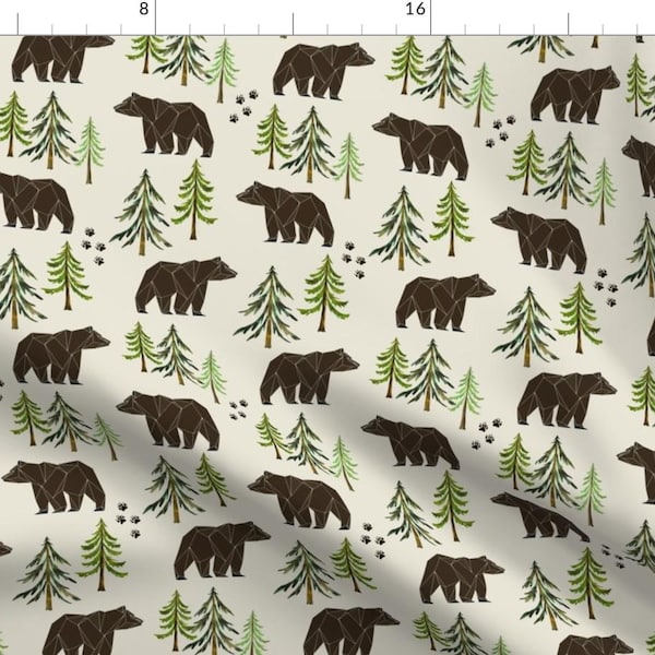 Woodland Fabric - Pine Trees Forest Bear Tracks Nursery Kids Camping Large By Gingerlous - Cotton Fabric By The Yard With Spoonflower