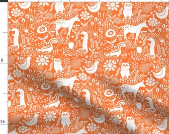 Woodland Animals Orange Fabric - Folk Animals Orange By Emilyrosethomson - Woodland Animals Cotton Fabric By The Yard With Spoonflower