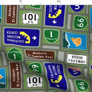 Highways Fabric - California Road Signs Patchwork By Mongiesama Travel Adventure Roadtrip Map - Cotton Fabric By The Yard With Spoonflower