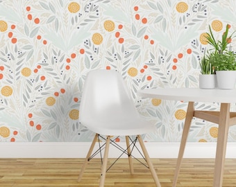 Greenery Wallpaper - Astrid (White) By Amy Maccready - Soft Oranges Citrus White Green Removable Self Adhesive Wallpaper Roll by Spoonflower