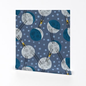 Moon Wallpaper - Can You Take The Moon By Heleen Vd Thillart - Blue Custom Printed Removable Self Adhesive Wallpaper Roll by Spoonflower