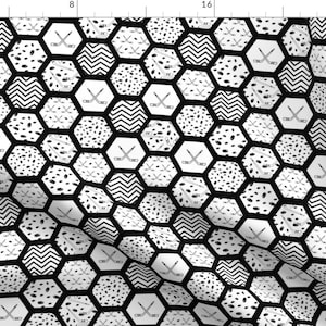 Hockey Fabric - Hockey Hex By Pamelachi Hexagon Honeycomb Black White Grayscale Monochrome Sport- Cotton Fabric By The Yard With Spoonflower