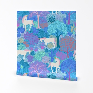 Carta da parati rimovibile con motivo a pezzetti e adesivi Unicorn - Foresta blu rosa viola magica - Decorazione murale - Foresta di unicorni stravaganti di shellypenko