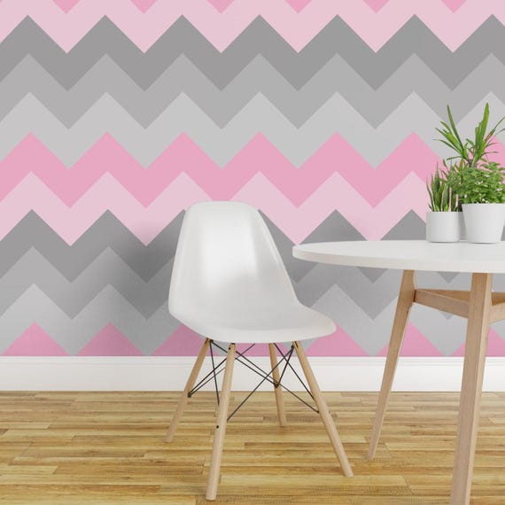 Pink Gray Wallpaper - Pink Gray Ombre Chevron Large By Decamp Studios - Custom Printed Removable Self Adhesive Wallpaper Roll by Spoonflower