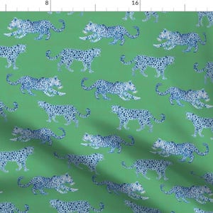 Preppy Leopard Fabric - Leopard Parade Blue by danika_herrick - Animalier Jade Green Blue Maximalist Fabric by the Yard by Spoonflower