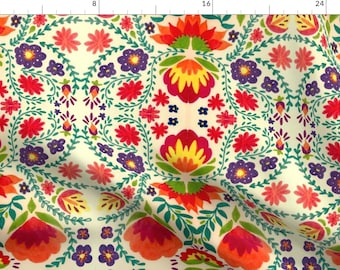 Mexican Style Floral Fabric - Folklore Cream Motif by napolicreates - Bright Traditional Large Scale Fabric by the Yard by Spoonflower