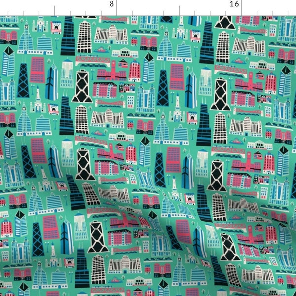 Fabric - My Kind Of Chicago By Allisonbeilkedesigns Illinois Landmark Building Aqua Turquoise Bright - Fabric By The Yard With Spoonflower
