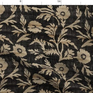 May include: Black and beige floral fabric with a repeating pattern of stylized flowers and leaves.